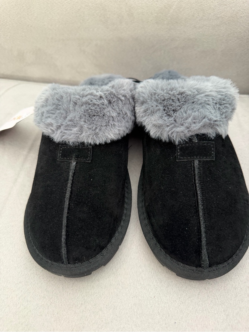 Joyspun slippers black with gray faux fur. Sizes 7 and 9